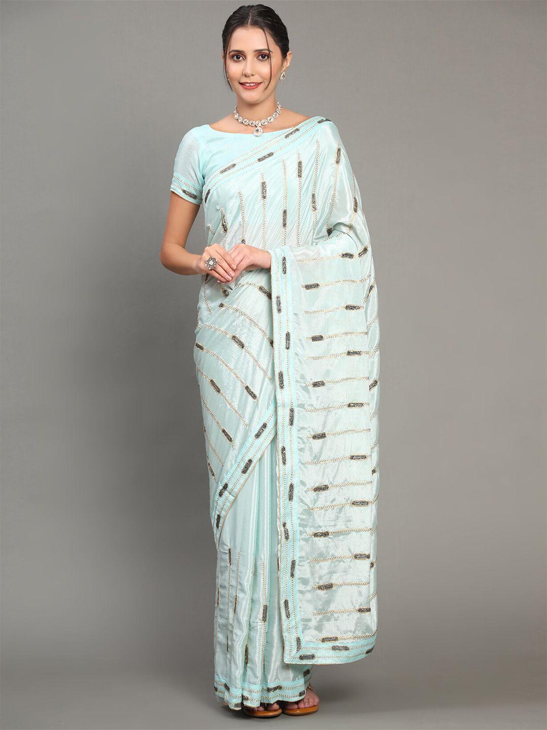gostyle turquoise blue leheriya embroidered poly chiffon heavy work mysore silk saree