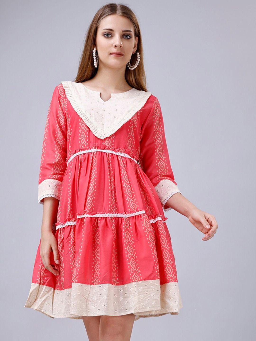 gostyle v-neck ethnic motifs printed knee length cotton fit & flare dress