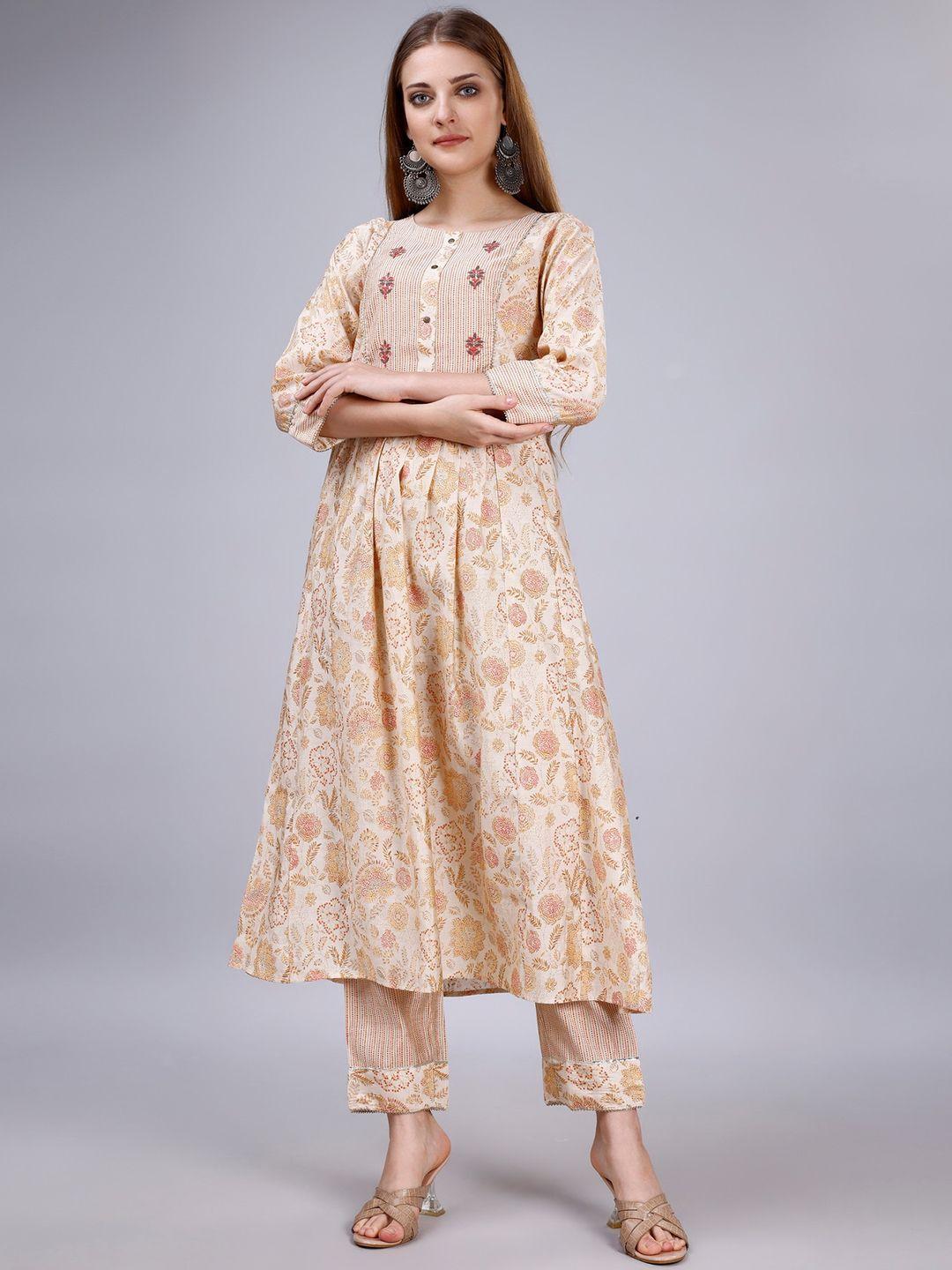 gostyle women beige ethnic motifs printed empire thread work chanderi cotton kurta with palazzos