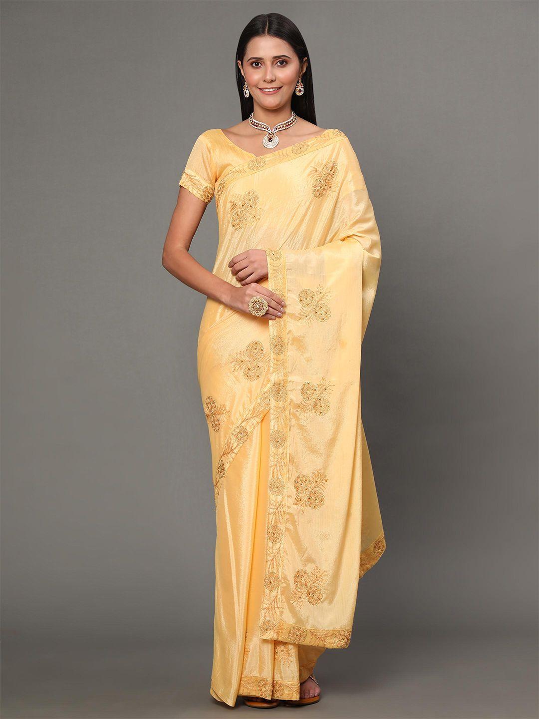 gostyle yellow ethnic motifs embroidered poly chiffon heavy work mysore silk saree