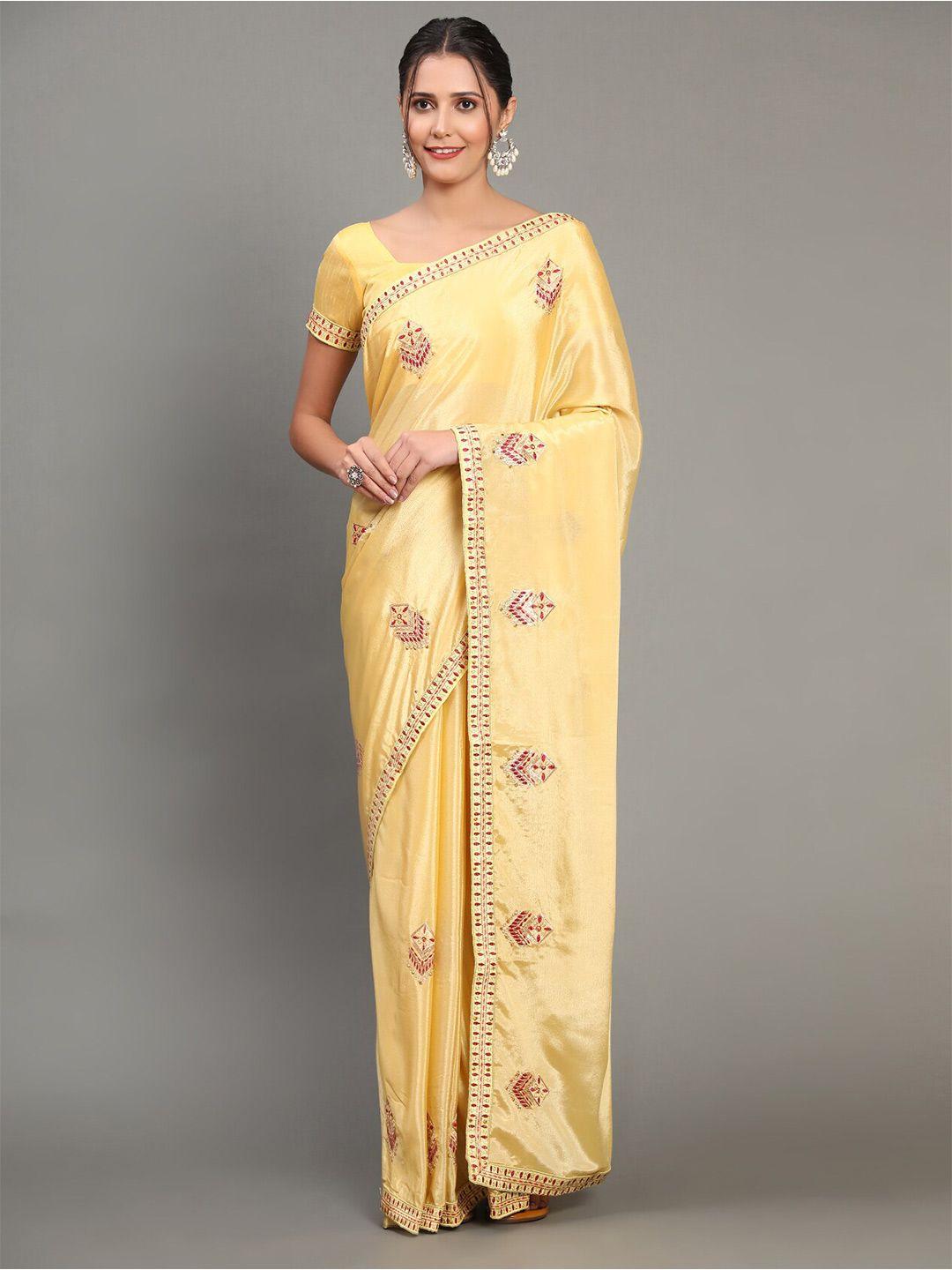 gostyle yellow floral embroidered poly chiffon heavy work mysore silk saree