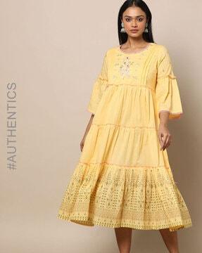 gota patti embroidered tiered flared dress with print