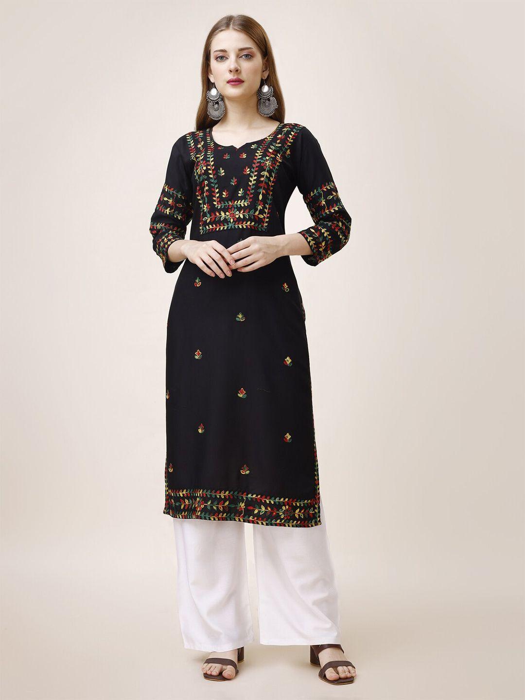 goti's ethnic motifs embroidered thread work notch neck regular straight kurta