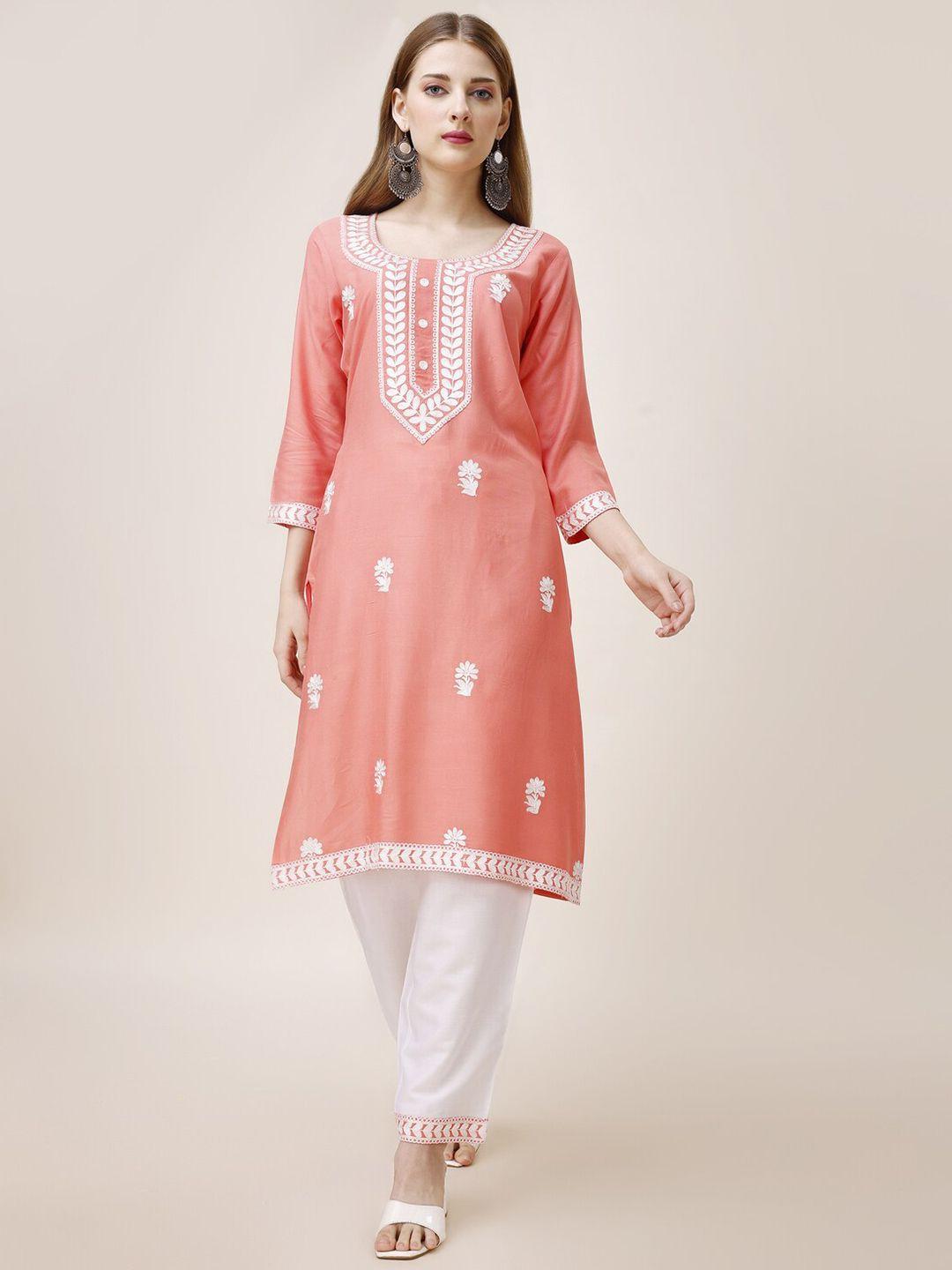 goti's ethnic motifs embroidered thread work round neck regular straight kurta