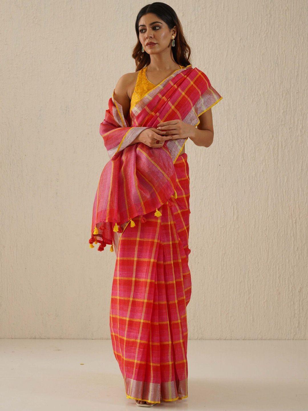 gotitli woven design zari pure linen saree with tassels