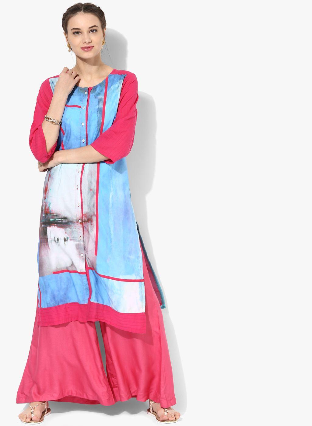 gq women pink & blue printed straight kurta