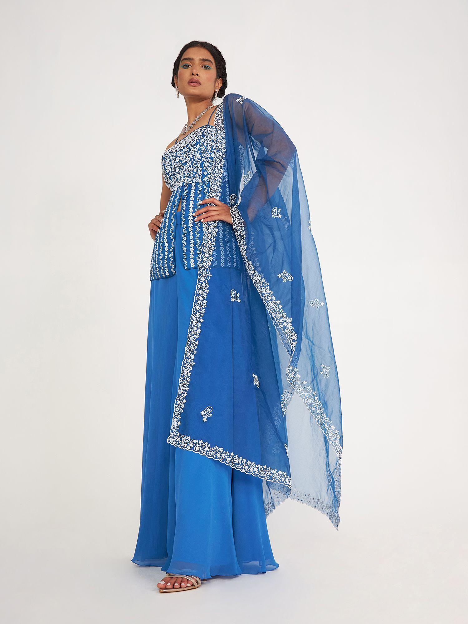 grace blue top with georgette sharara and organza dupatta (set of 3)