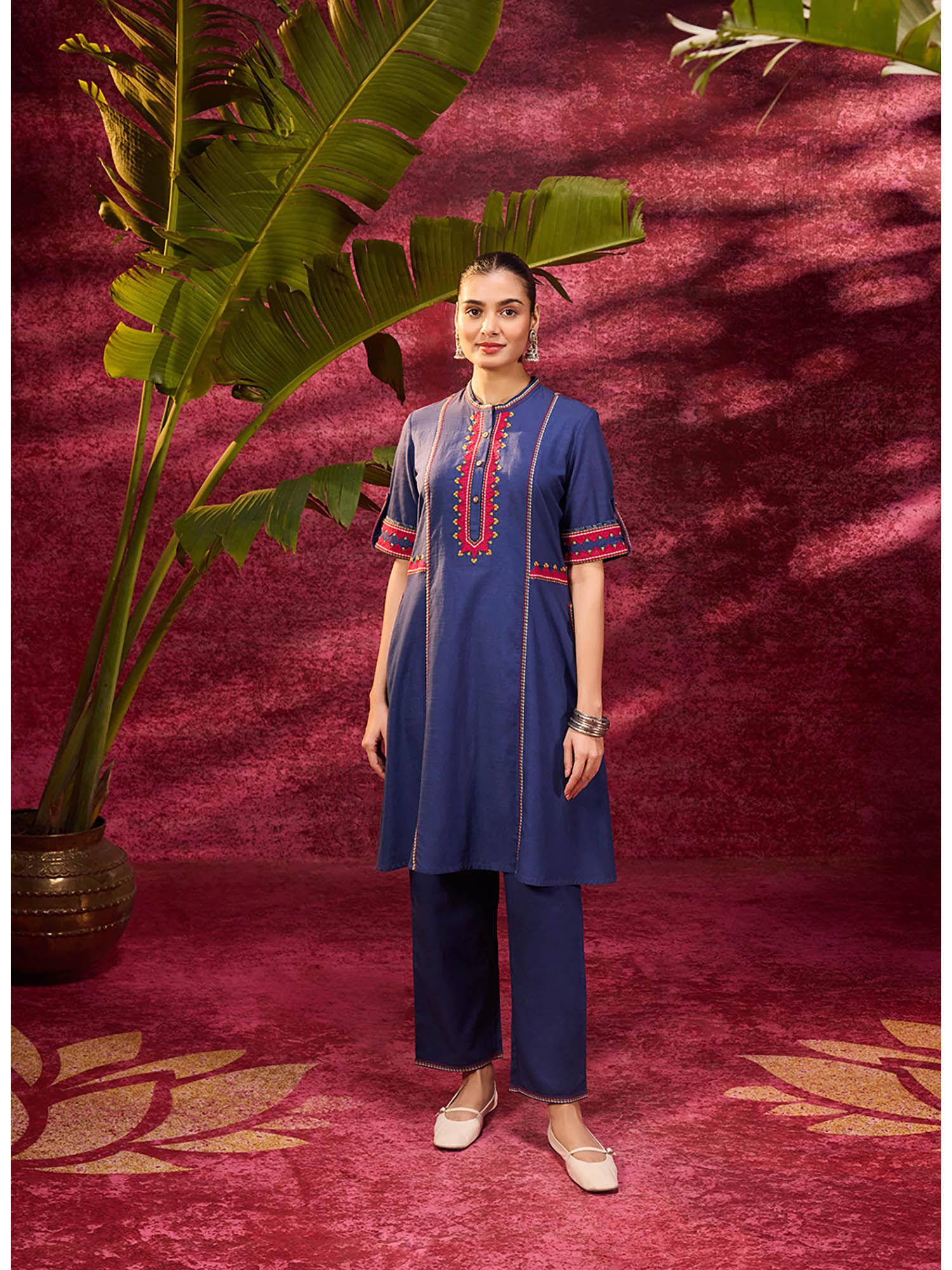 grace navy blue embroidered kurta with pant (set of 2)