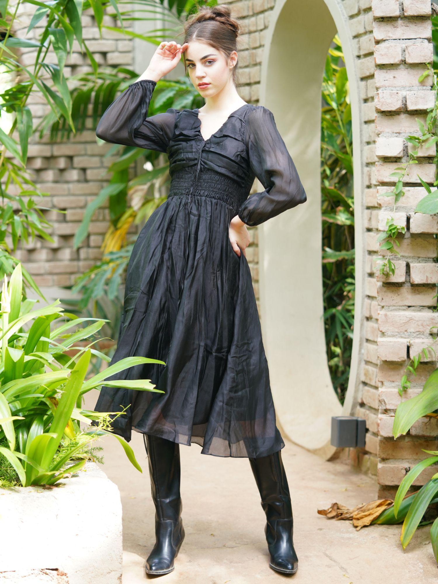 graceful black polyester viol solid long dress