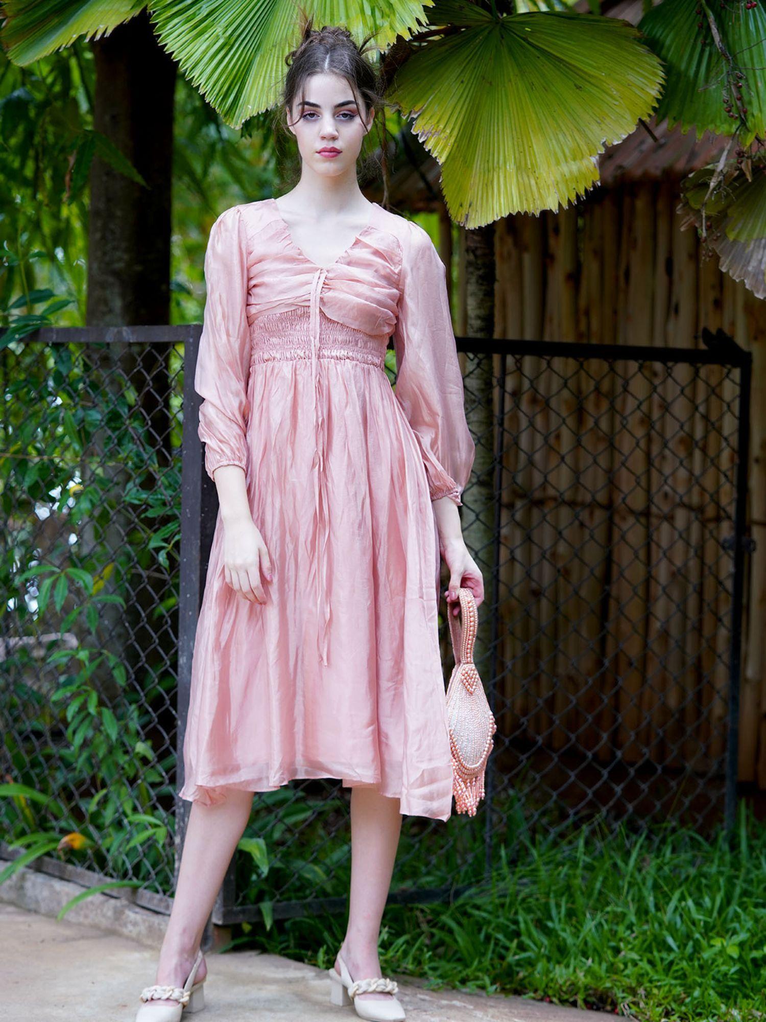 graceful peach silk blend solid dress