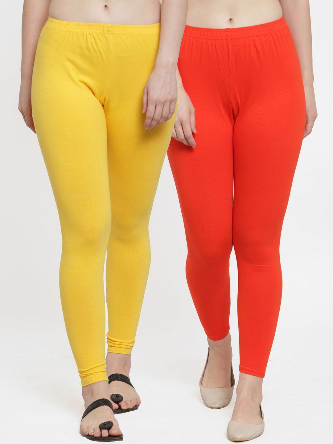 gracit  women pack of 2 yellow and orange solid ankle-length leggings