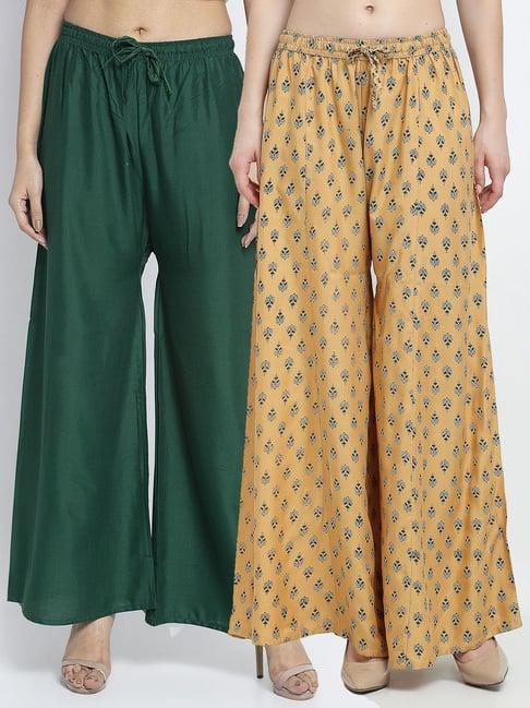 gracit beige & green printed palazzos - pack of 2