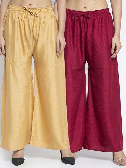 gracit beige & maroon rayon palazzos - pack of 2