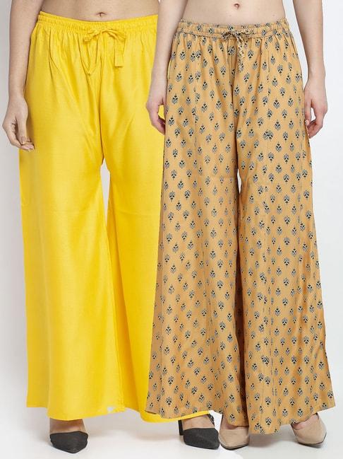 gracit beige & yellow printed palazzos - pack of 2