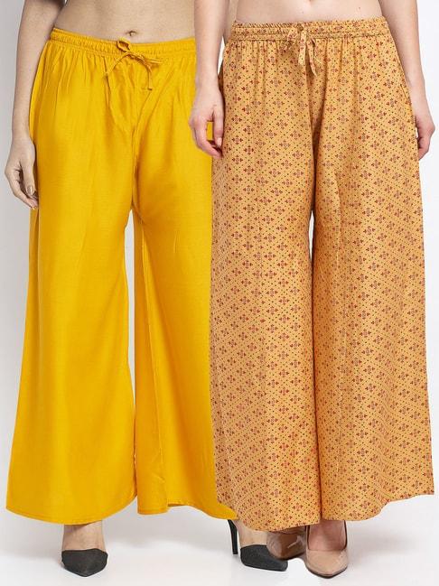 gracit beige & yellow printed palazzos - pack of 2