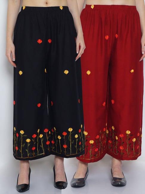 gracit black & maroon embroidered palazzos - pack of 2