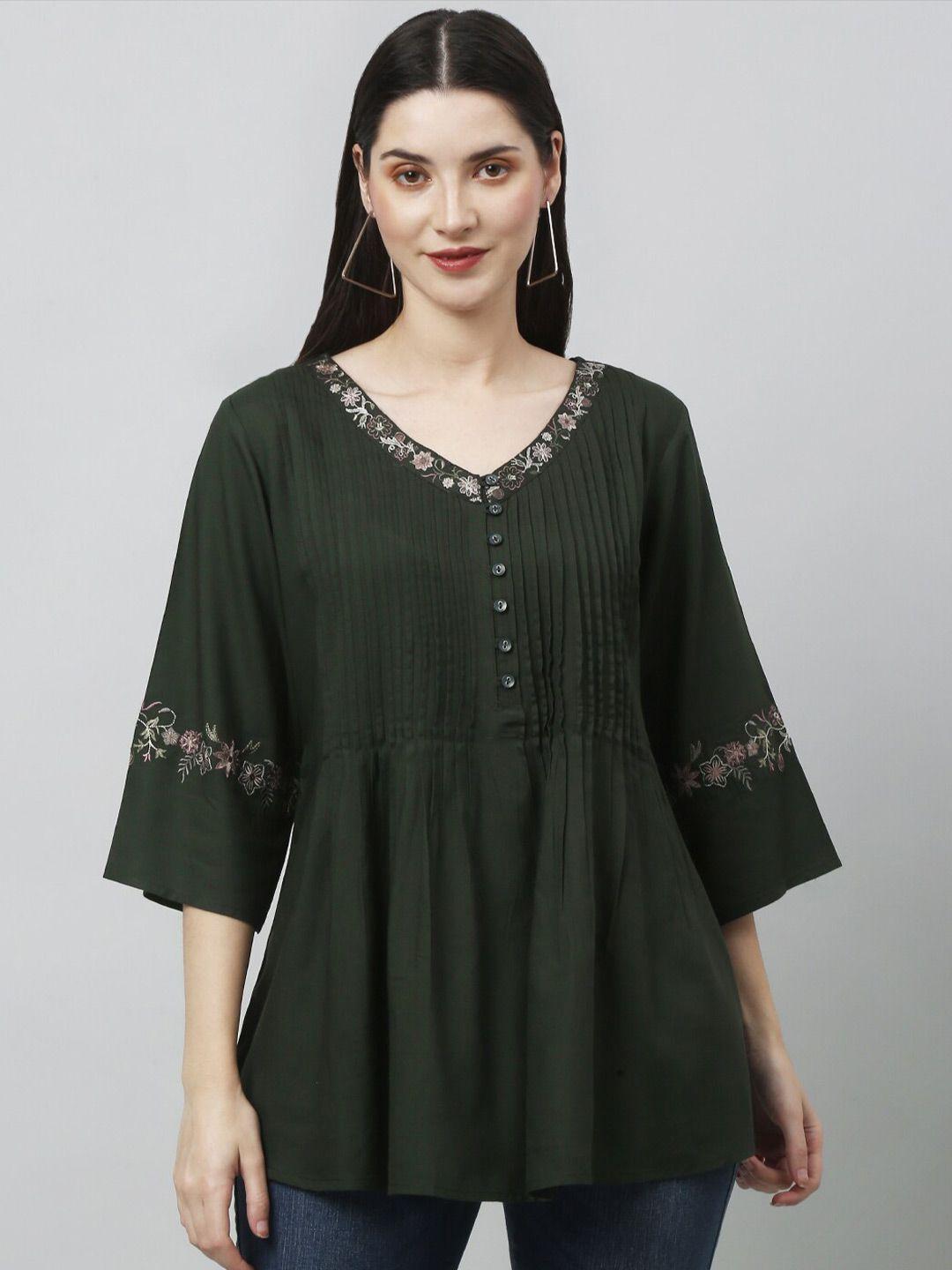 gracit floral embroidery v neck three-quarter flared sleeves top