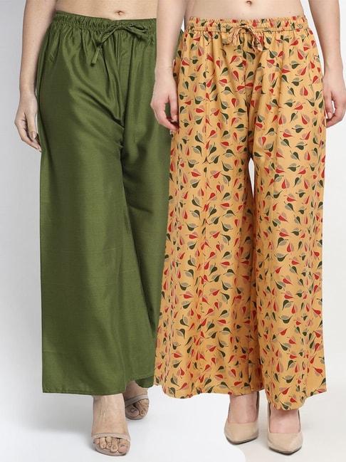 gracit green & beige flared fit palazzos - pack of 2