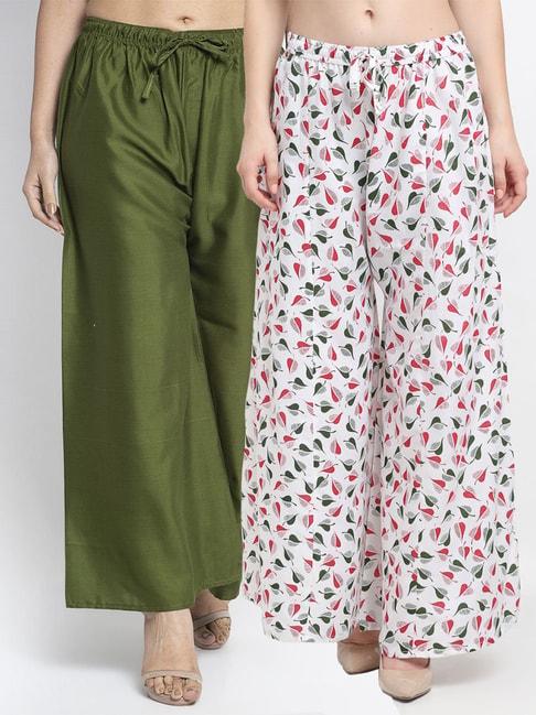 gracit green & white flared fit palazzos - pack of 2