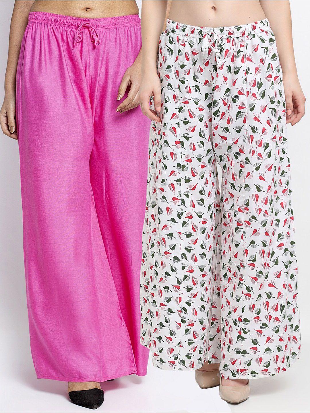 gracit pack of 2 pink & white floral printed flared knitted ethnic palazzos