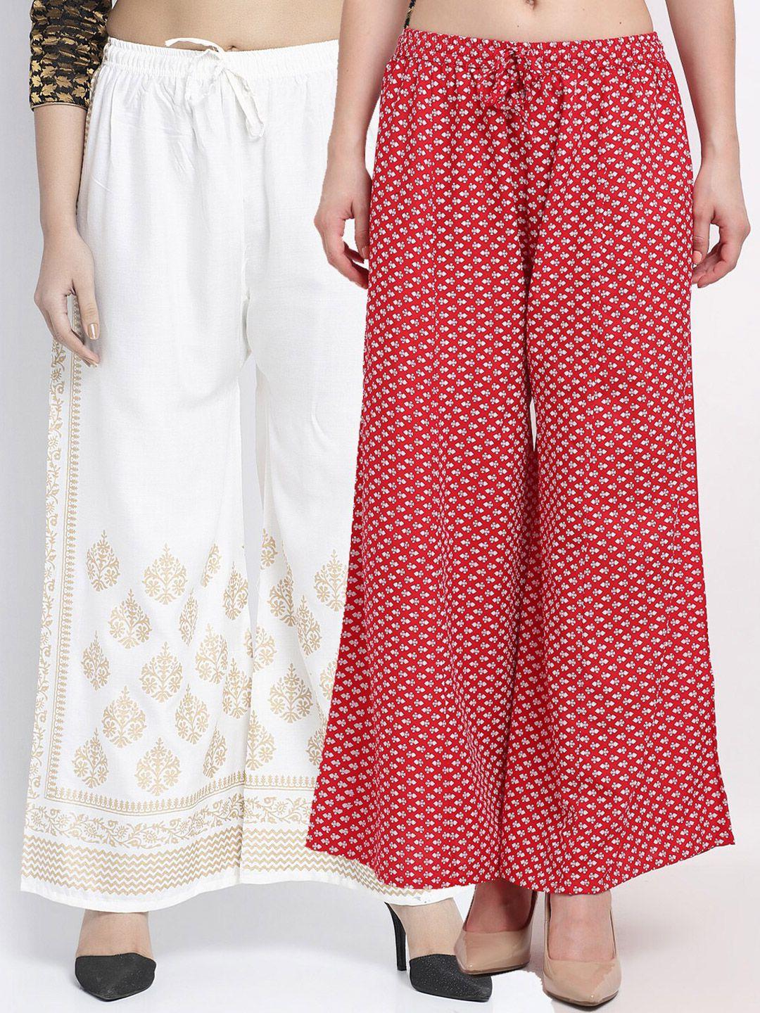 gracit pack of 2 women off white & red floral printed knitted ethnic palazzos