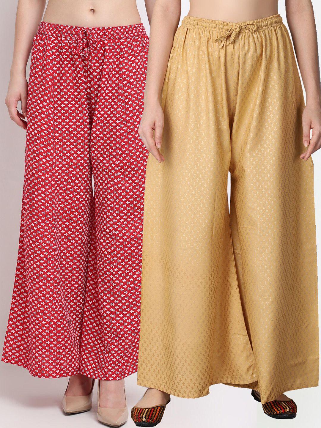 gracit pack of 2 women red & nude-coloured ethnic motifs printed flared palazzos