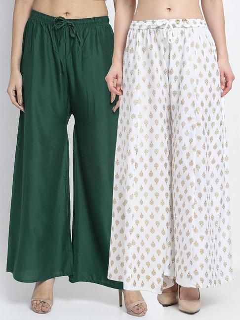 gracit white & green printed palazzos - pack of 2