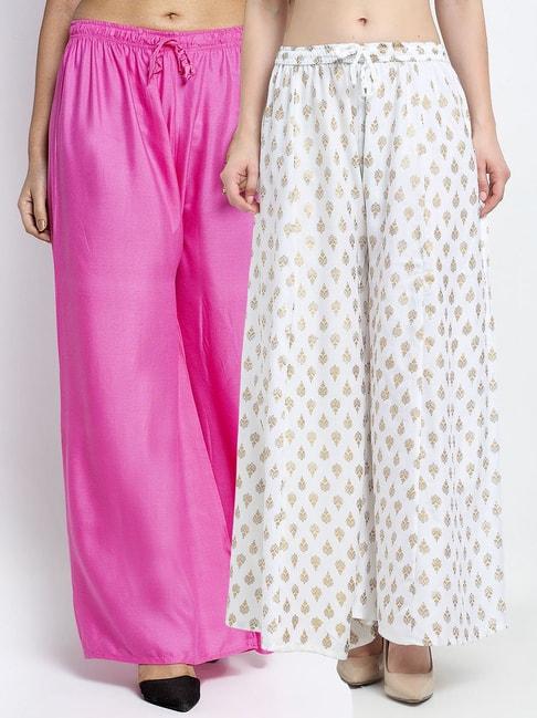 gracit white & pink printed palazzos - pack of 2