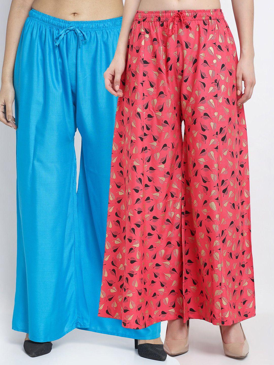 gracit women blue & coral set of 2 floral printed flared ethnic palazzos
