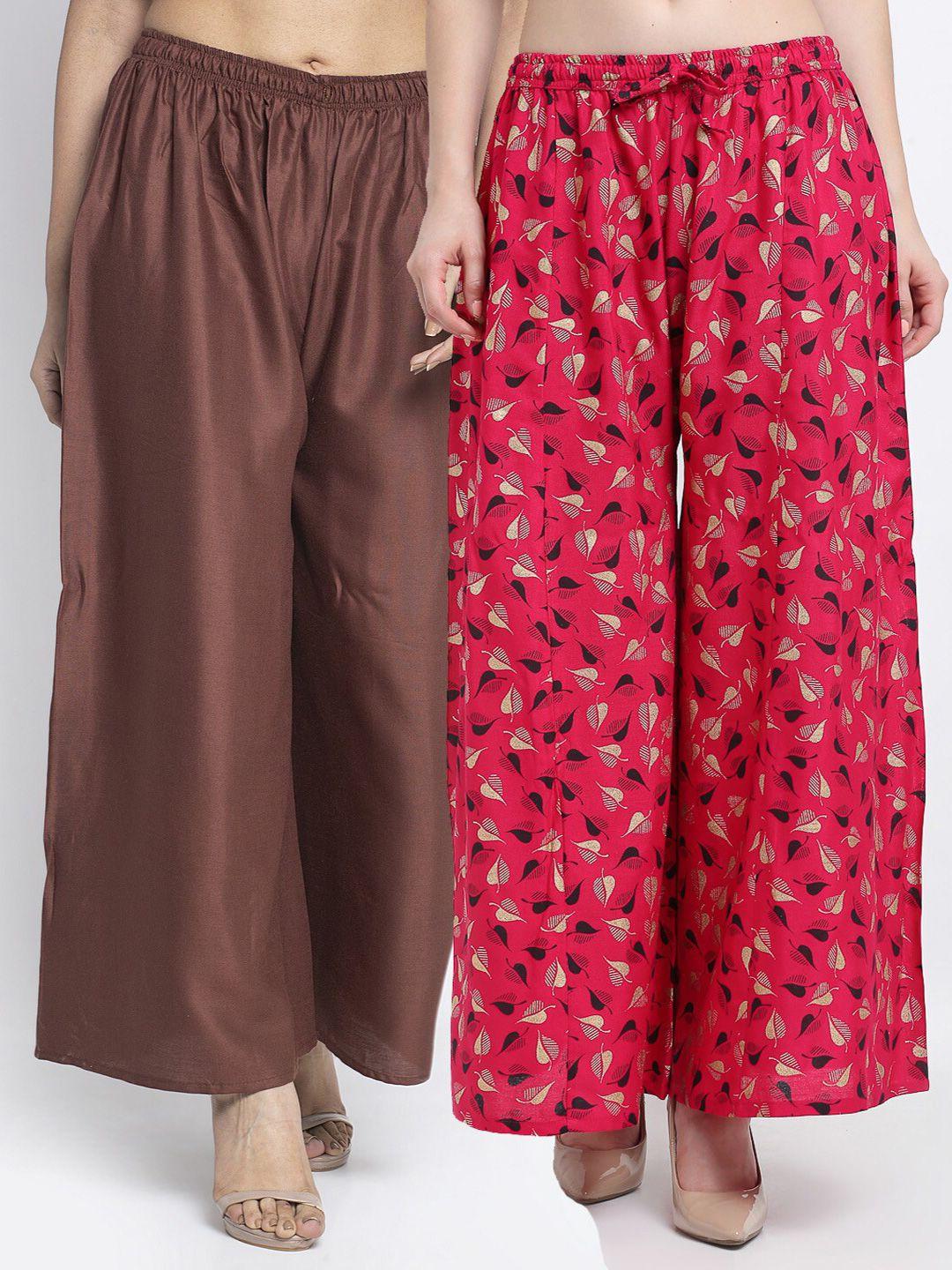 gracit women brown & pink set of 2 floral printed flared ethnic palazzos