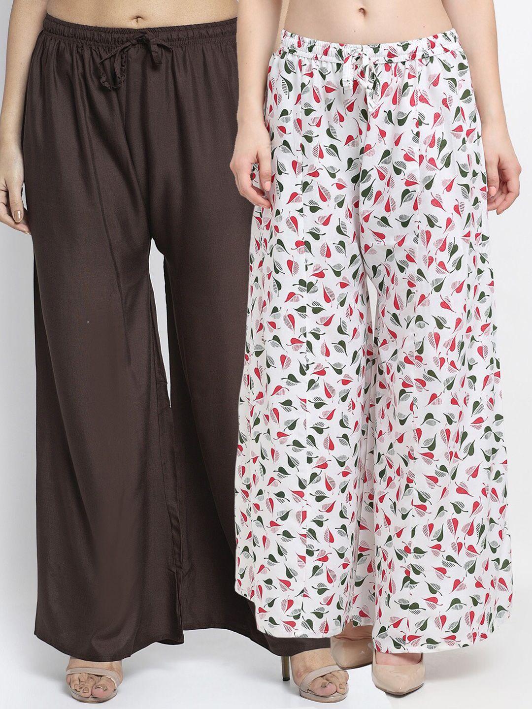 gracit women brown & white set of 2 solid & printed straight fit palazzos