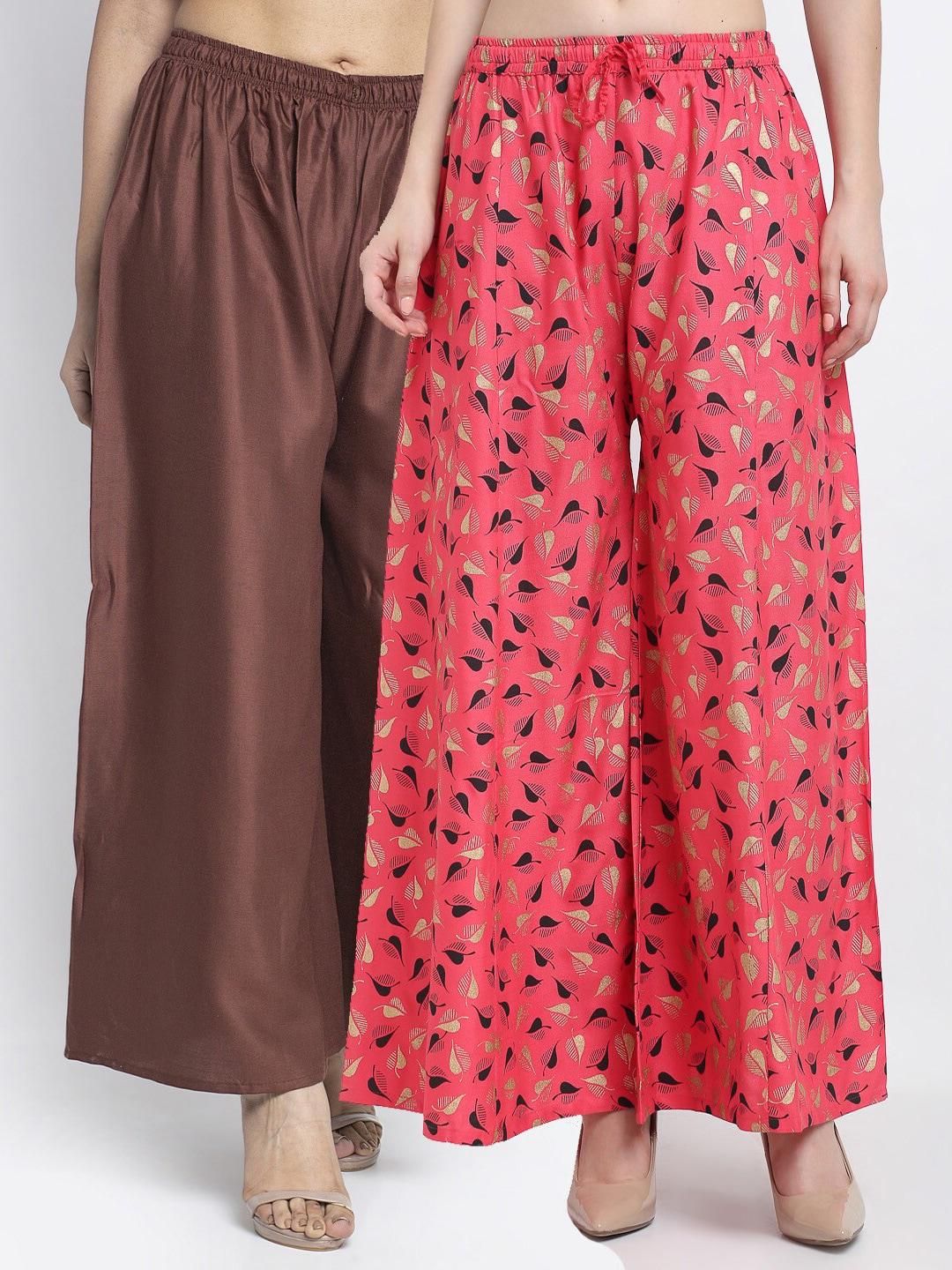 gracit women coffee brown & coral set of 2 printed flared knitted ethnic palazzos