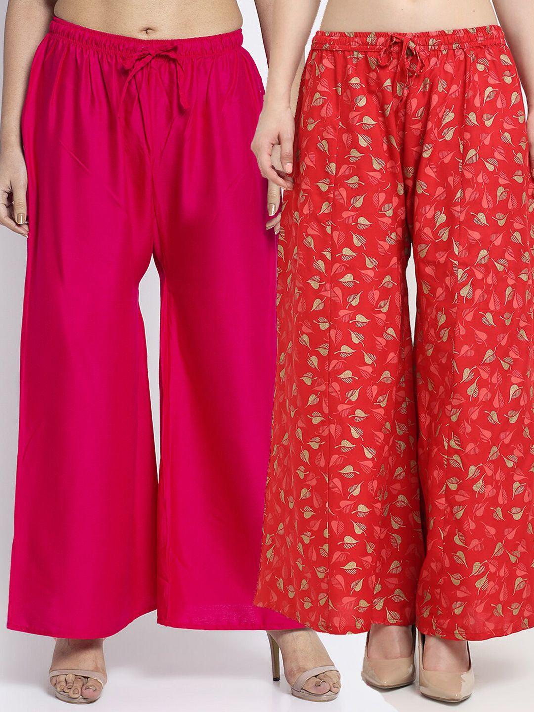 gracit women fuchsia & red pack of 2 printed flared knitted ethnic palazzos