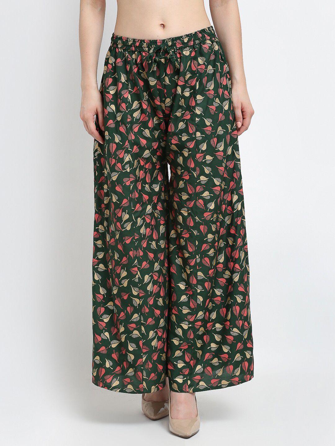 gracit women green & pink floral printed flared palazzos