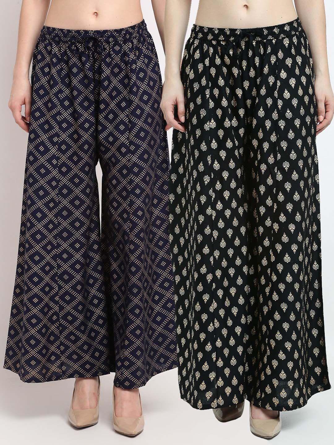 gracit women navy blue & black 2 printed knitted ethnic palazzos
