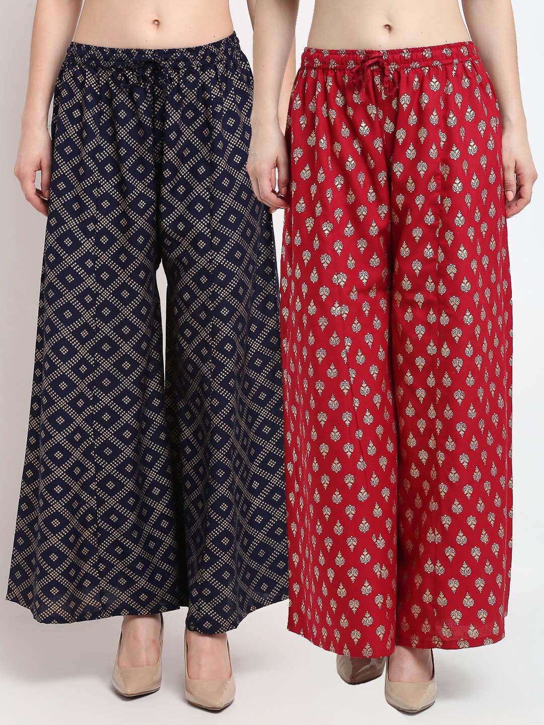 gracit women navy blue & maroon 2 printed flared knitted ethnic palazzos