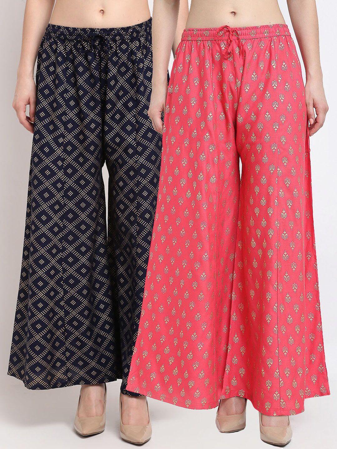 gracit women navy blue & pink 2 printed knitted ethnic palazzos