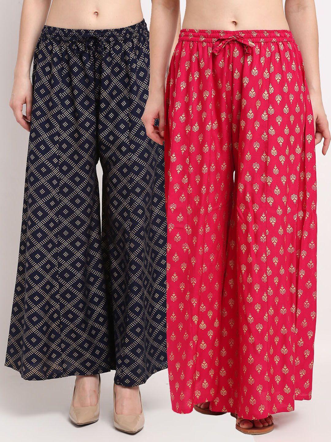 gracit women navy blue & pink pack of 2 block printed flared ethnic palazzos
