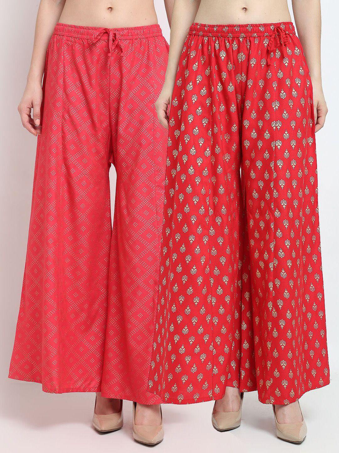 gracit women orange & red 2 printed knitted ethnic palazzos