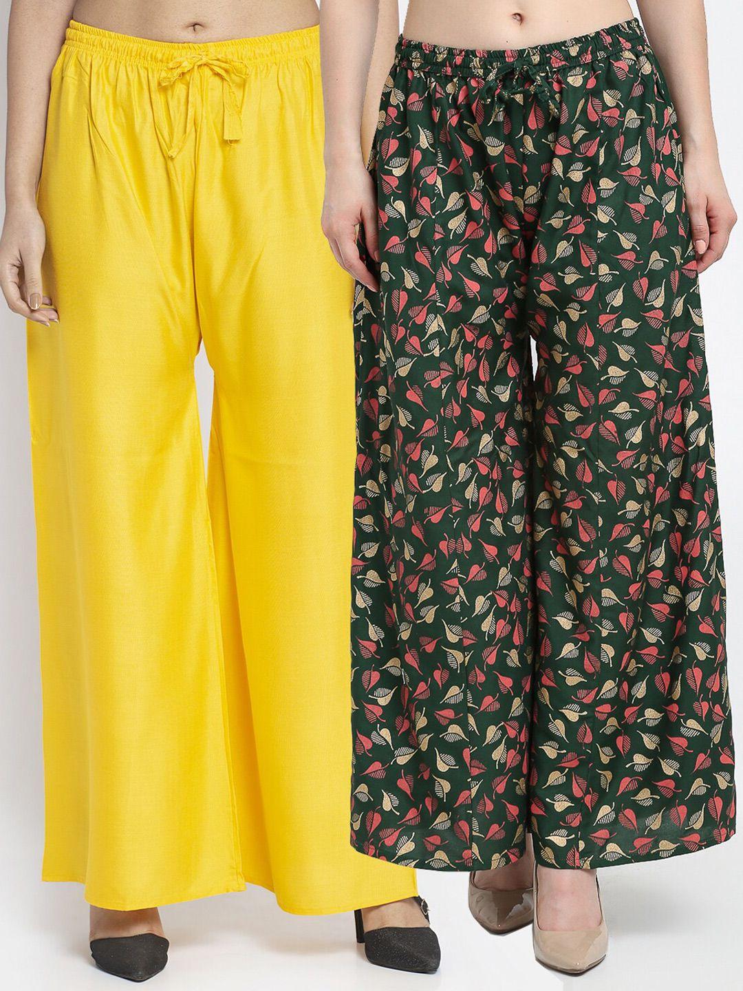 gracit women pack of  2 yellow & green printed flared knitted ethnic palazzos