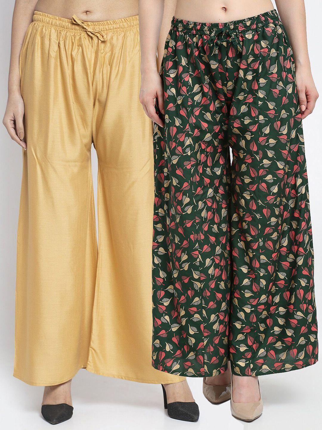 gracit women pack of 2 beige & green floral printed flared palazzos