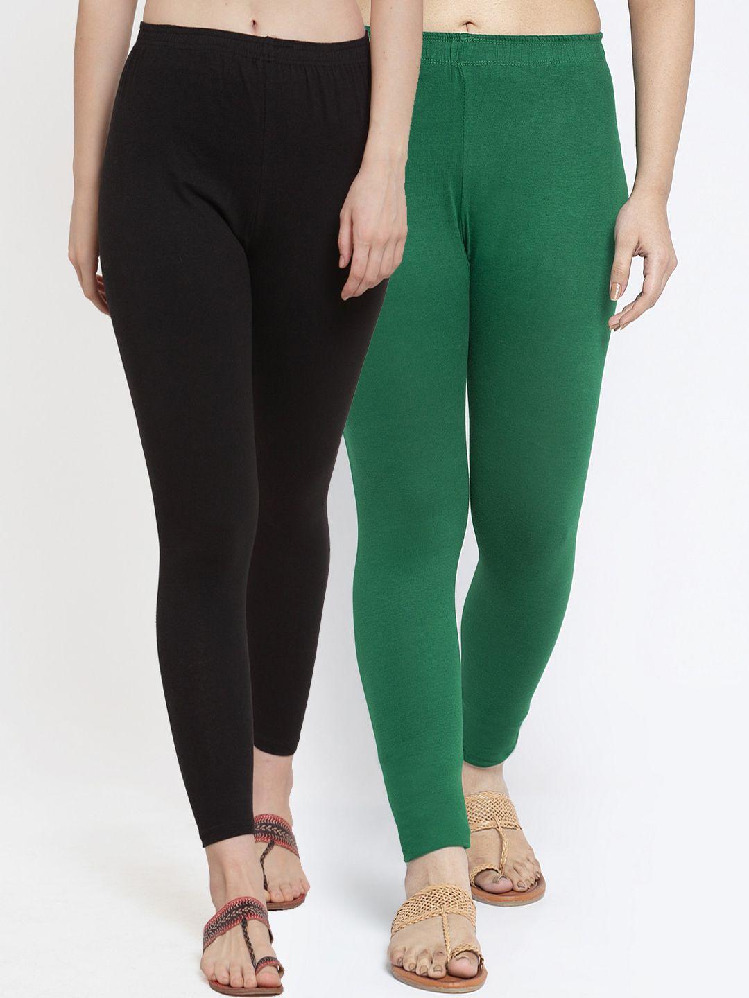 gracit women pack of 2 black & green solid ankle-length cotton lycra leggings