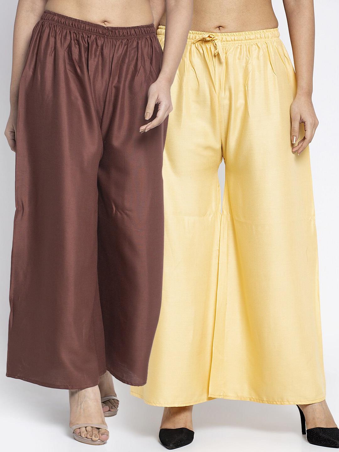 gracit women pack of 2 brown & cream-coloured ethnic palazzos
