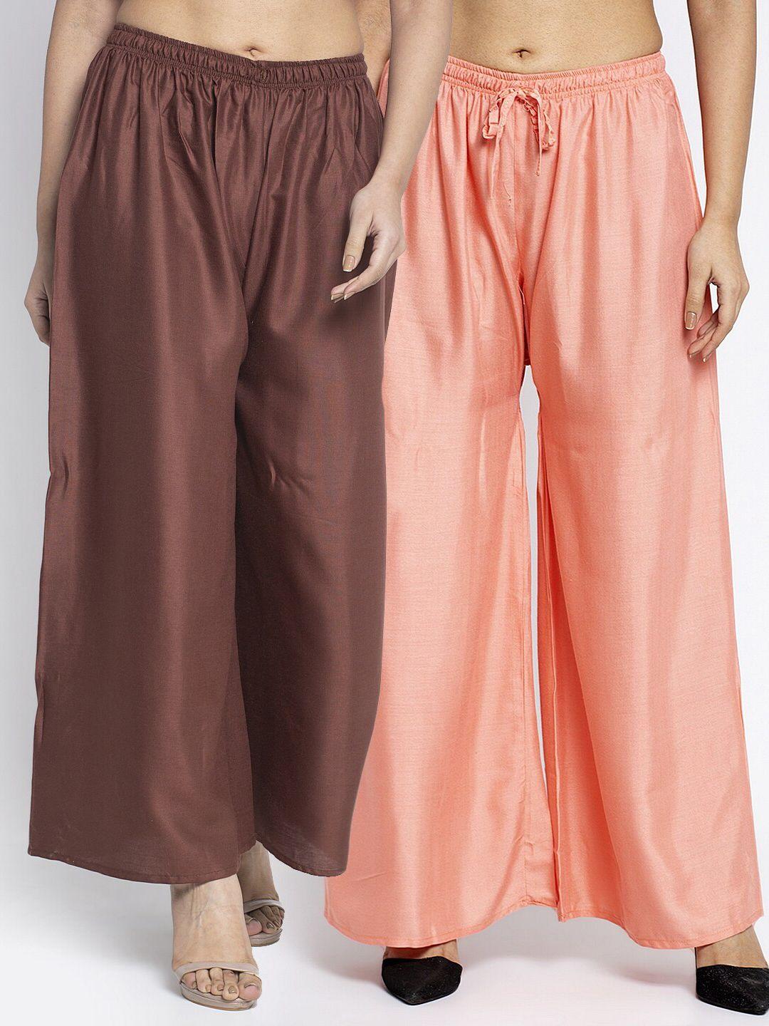 gracit women pack of 2 brown & peach-coloured ethnic palazzos
