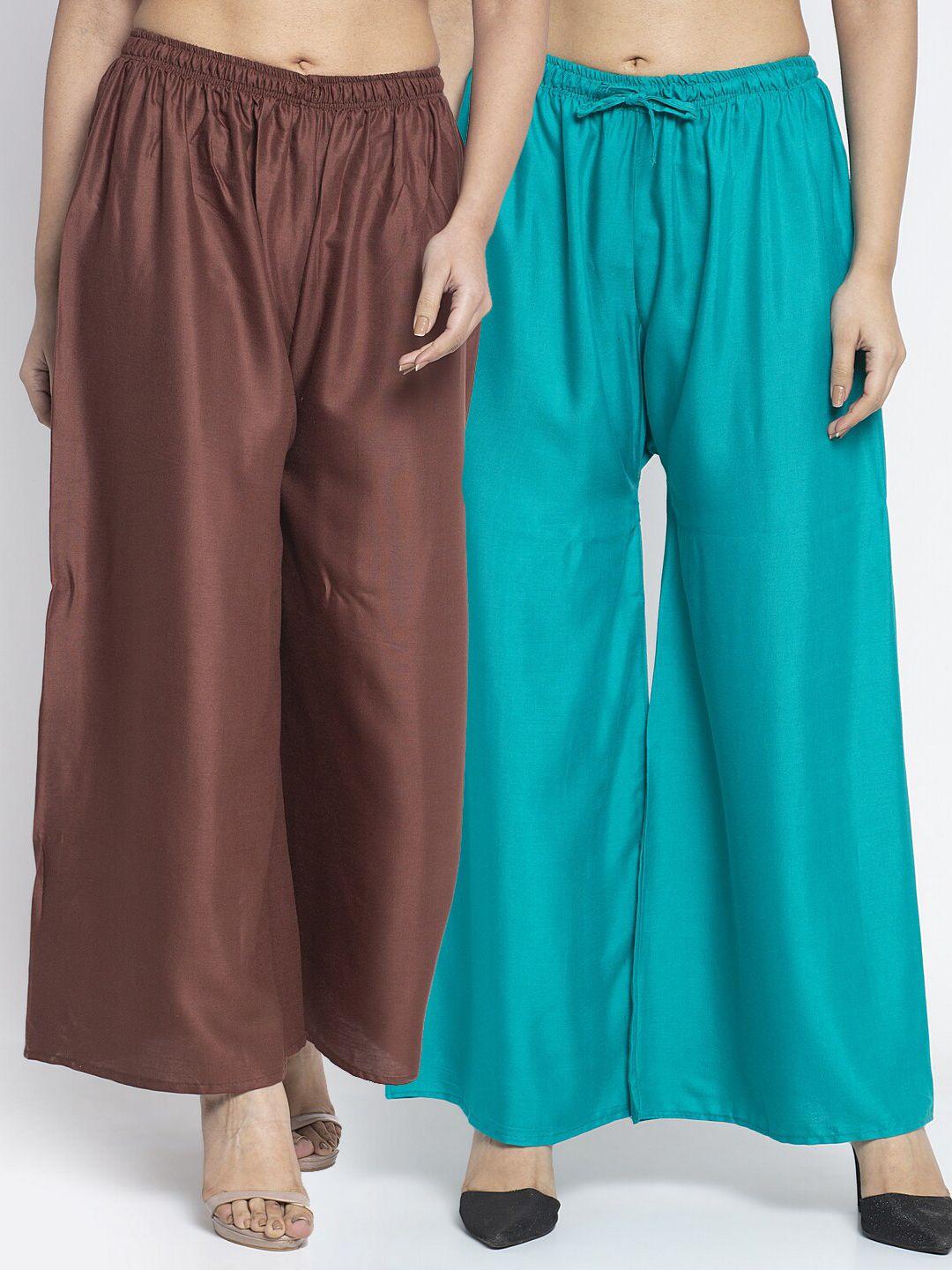 gracit women pack of 2 brown & sea green ethnic palazzos