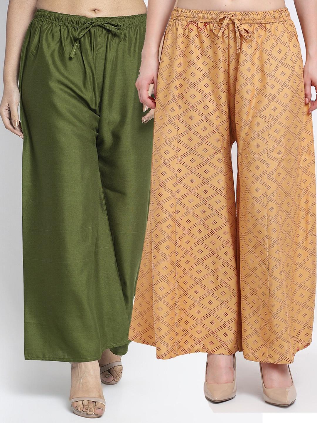 gracit women pack of 2 green & beige printed flared ethnic palazzos