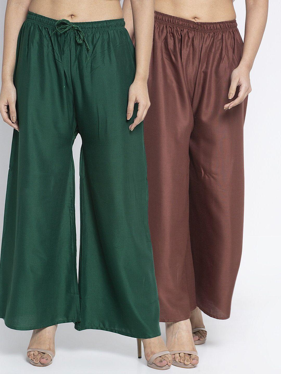gracit women pack of 2 green & brown ethnic palazzos