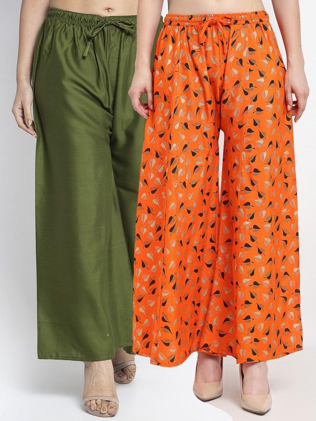 gracit women pack of 2 green & orange floral printed flared ethnic palazzos
