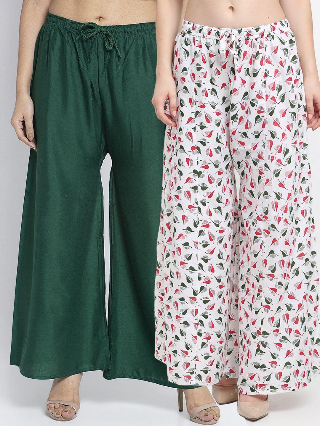 gracit women pack of 2 green & white  printed flared knitted ethnic palazzos