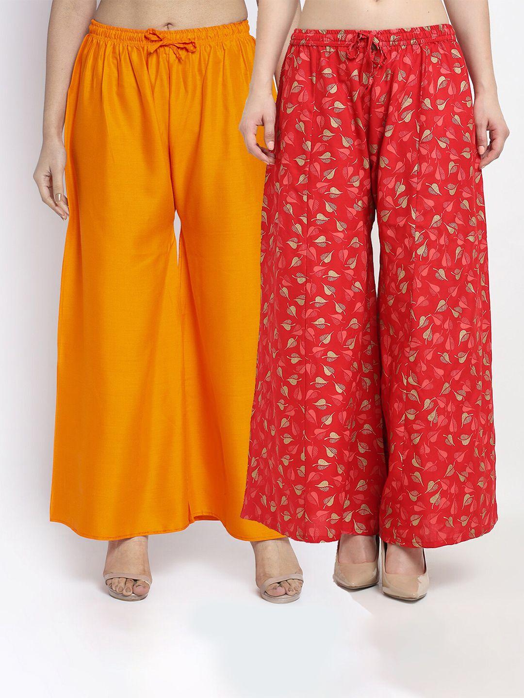 gracit women pack of 2 orange & red floral printed flared knitted ethnic palazzos